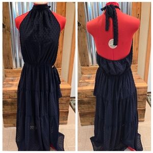 Tiered halter maxi dress XL dark navy blue dotted swiss Beachsissi